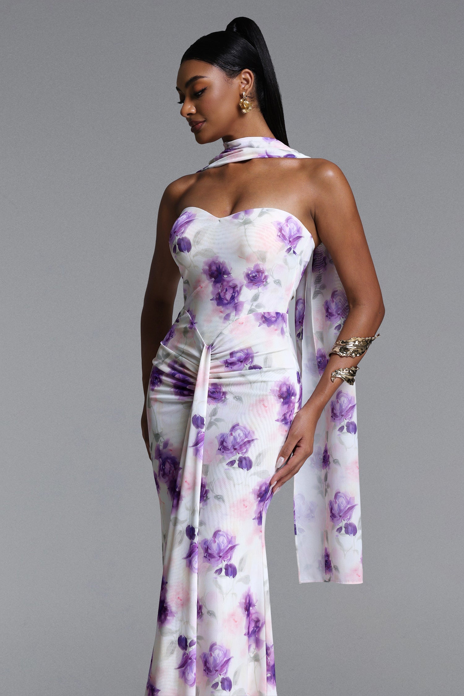 Olivia Romantic Contour Strapless Scarf Ruched Floral Print Mesh Maxi Dress D260305501