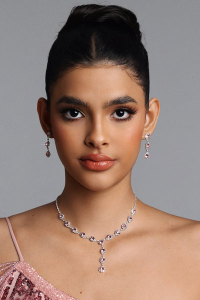 Pink - Uri Pink Y Shaped Halo Crystal Necklace Earrings Set by Bella Barnett