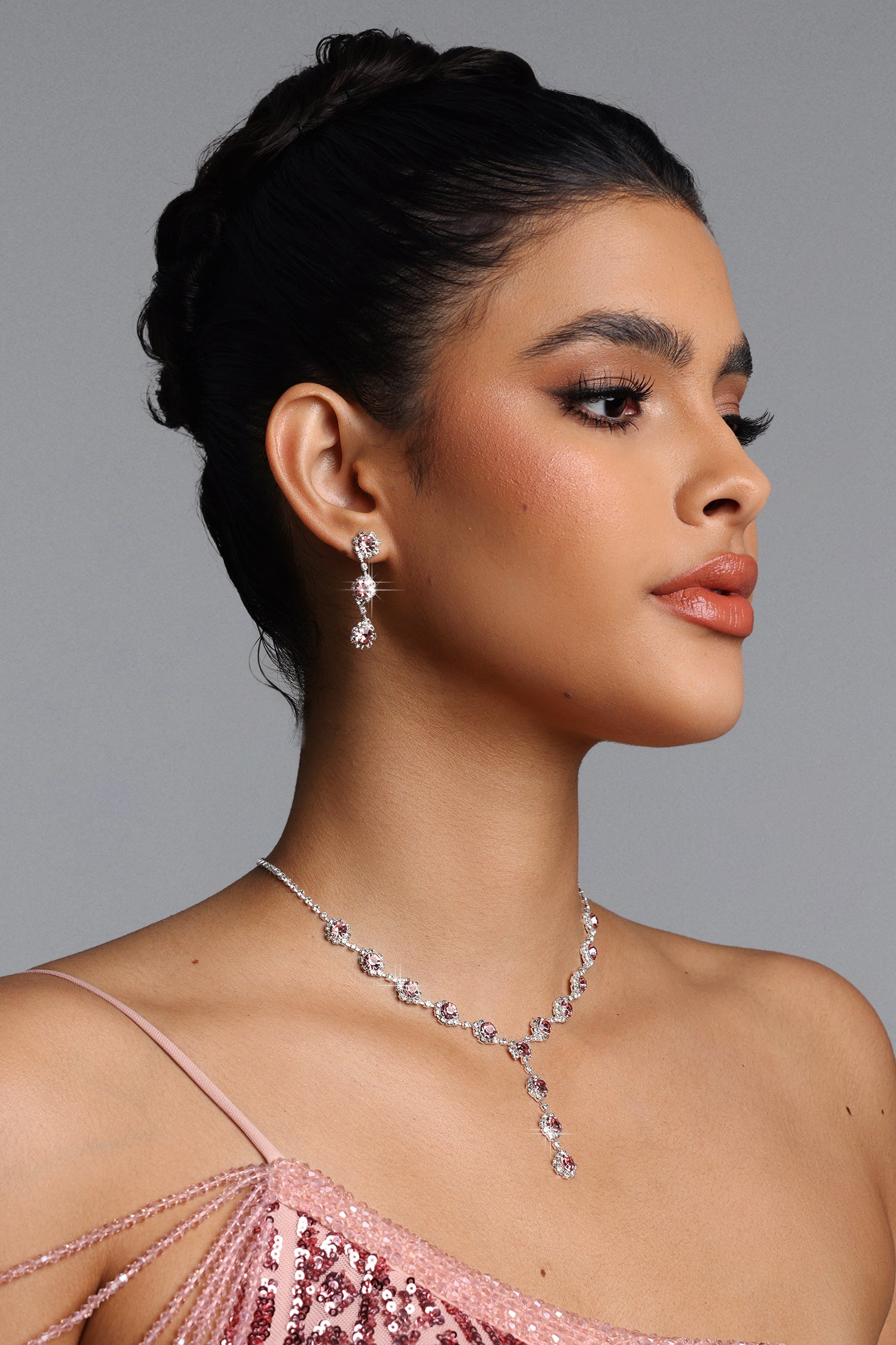 Uri Pink Y Shaped Halo Crystal Necklace Earrings Set A260400508