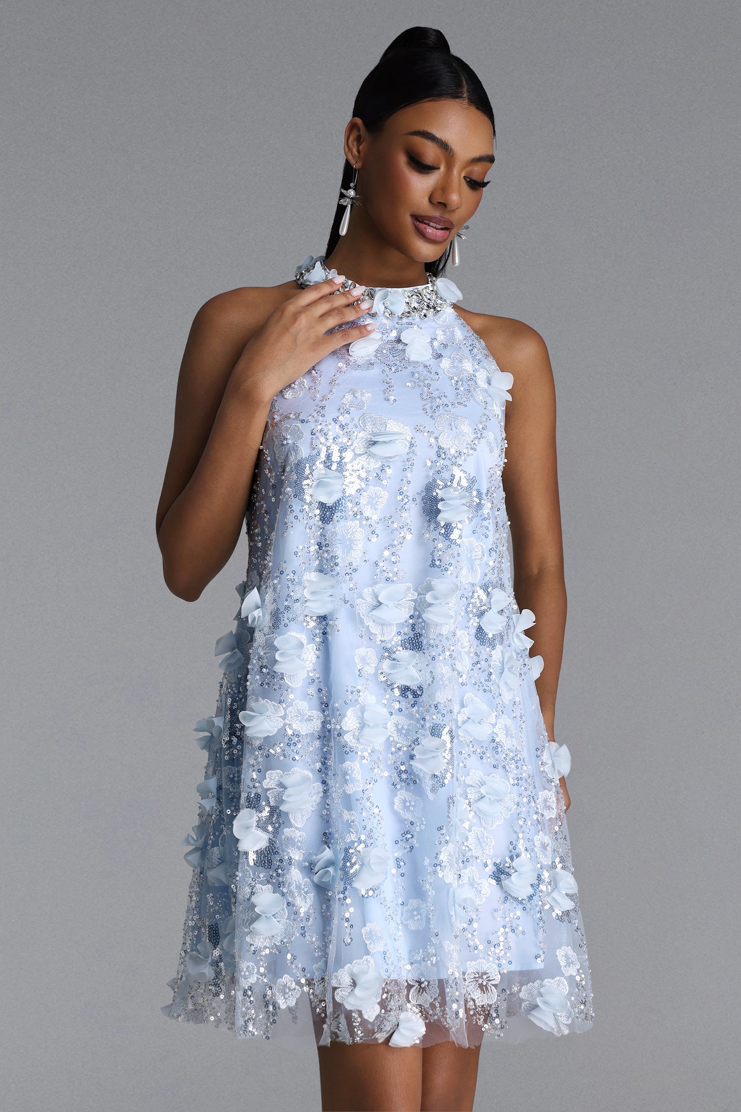 Juniper Elegant Tailored Halter Floral Sequin Midi Dress D260501149