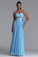 Prunella Elegant Contour Strapless Cut Out Ruched Mesh Maxi Dress by Bella Barnett