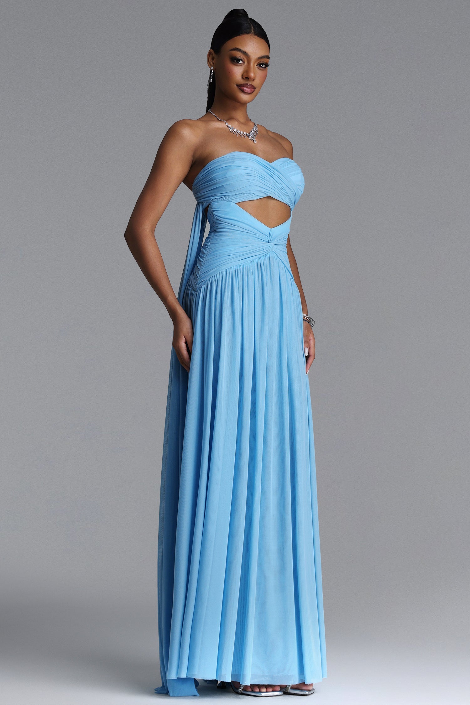 Prunella Elegant Contour Strapless Cut Out Ruched Mesh Maxi Dress D260404101
