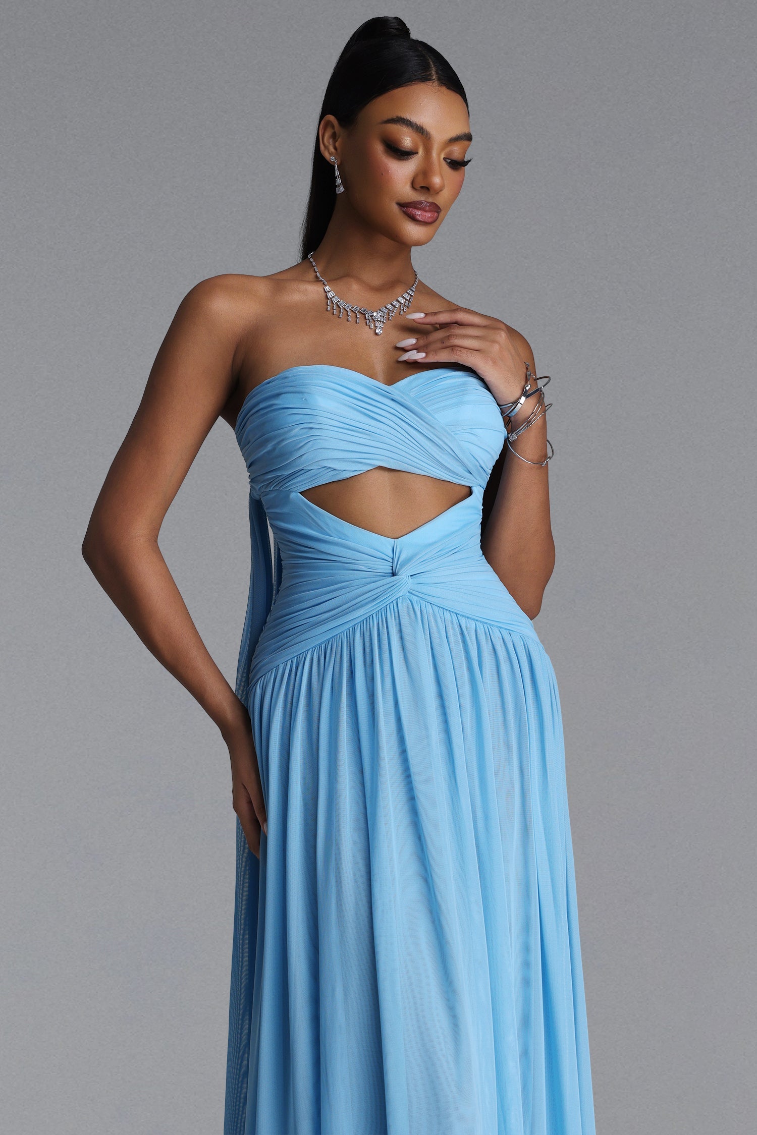 Prunella Elegant Contour Strapless Cut Out Ruched Mesh Maxi Dress D260404101
