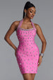 Manik Glamorous Contour Halter Rhinestone Bandage Pink Mini Dress by Bella Barnett