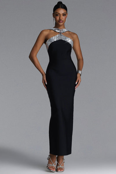 Black - Riza Chic Contour Halter Rhinestone Bandage Maxi Dress by Bella Barnett