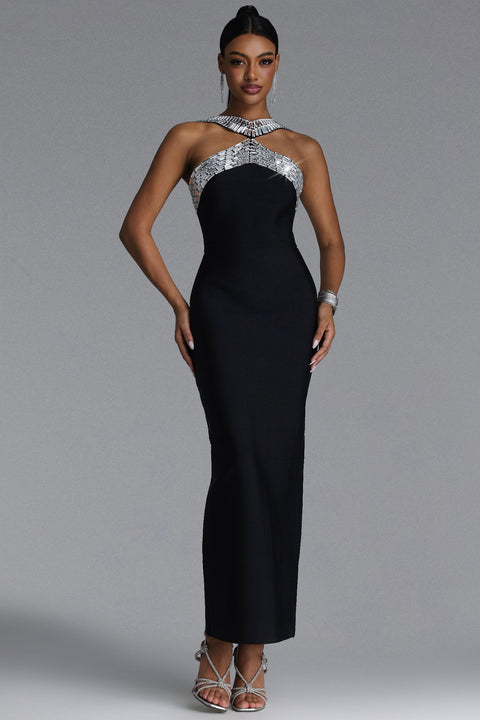 Riza Chic Contour Halter Rhinestone Bandage Maxi Dress by Bella Barnett