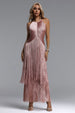 Taye Classic Contour Halter Fringe Bandage Pink Maxi Dress by Bella Barnett