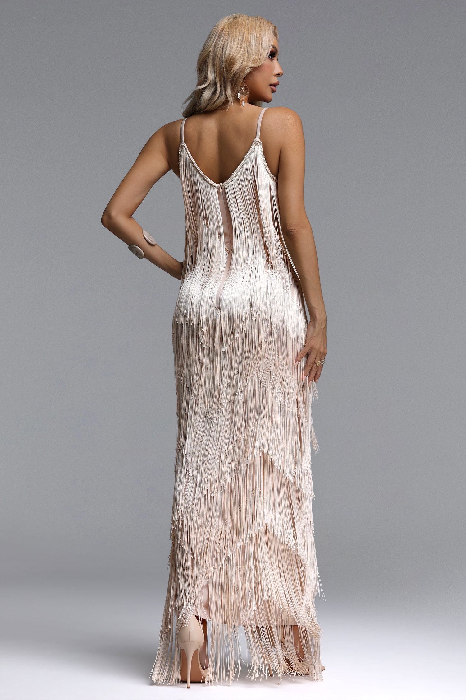 Alex Classic Contour V Neck Layered Fringe Bandage Maxi Dress D260501348