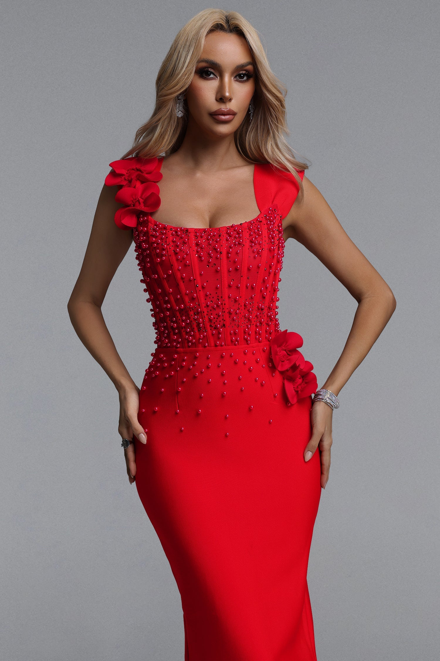 Oria Glamorous Contour Square Neck Pearl Floral Bandage Maxi Dress D260501325