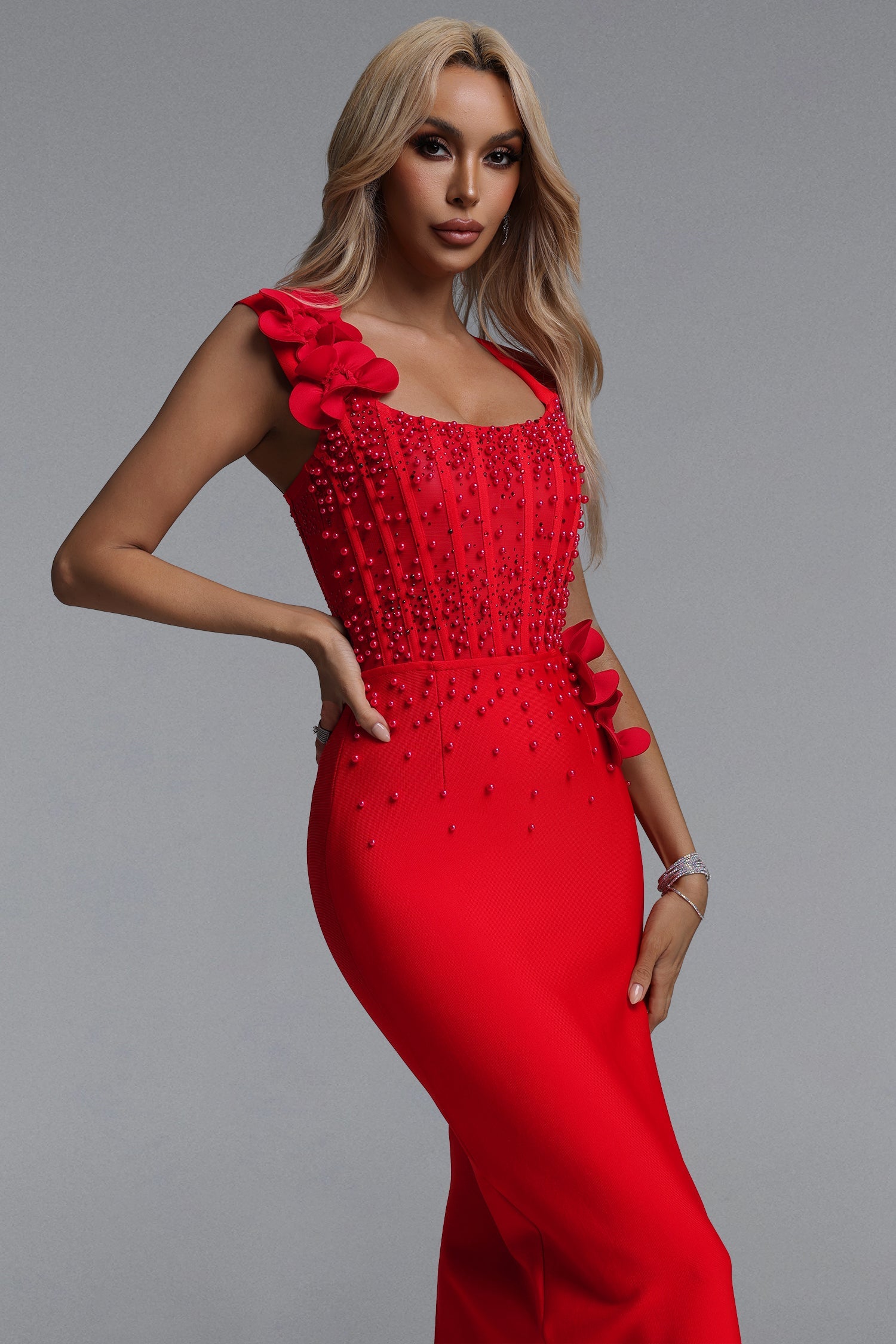 Oria Glamorous Contour Square Neck Pearl Floral Bandage Maxi Dress D260501325