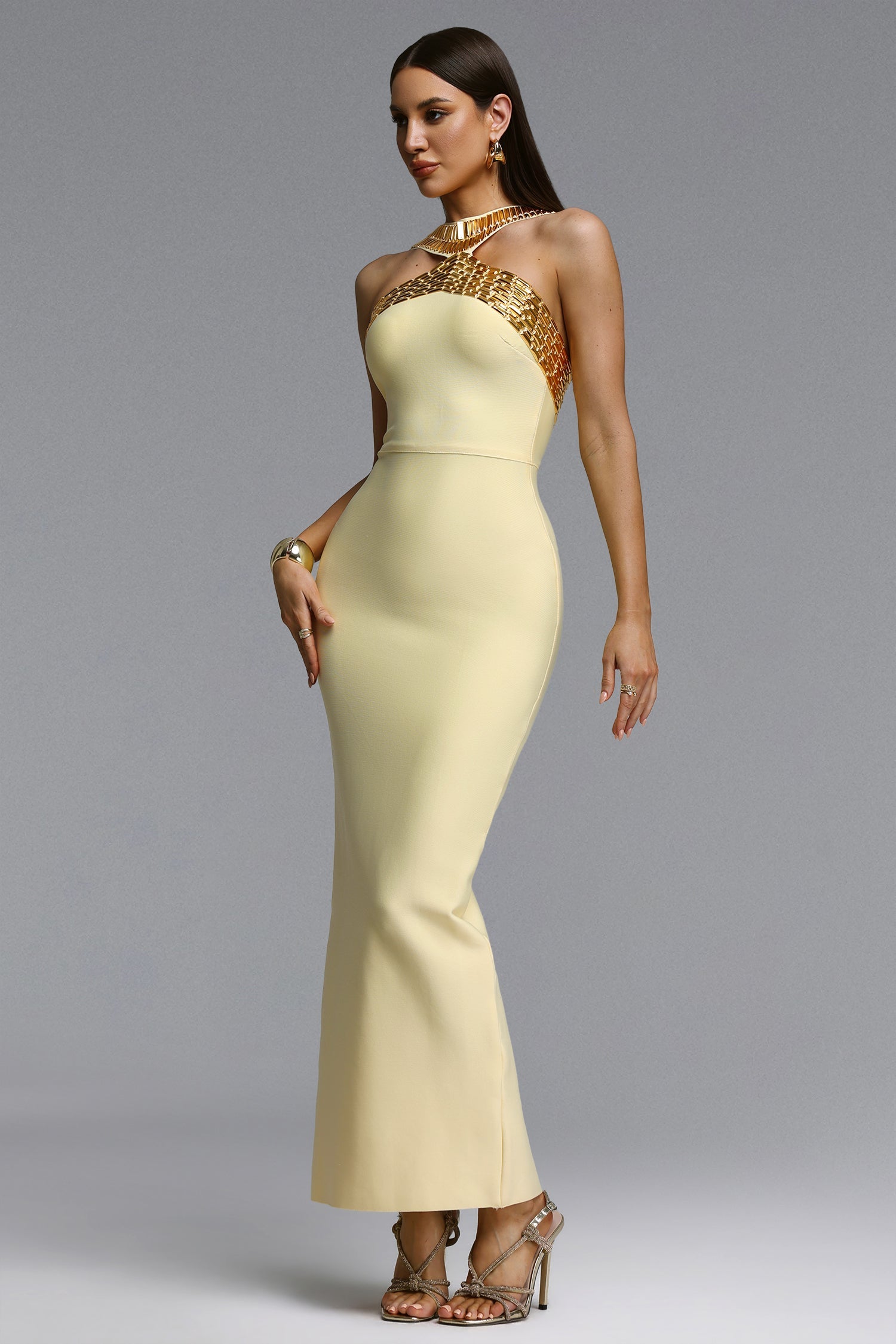 Riza Chic Contour Halter Rhinestone Bandage Yellow Maxi Dress D260501108