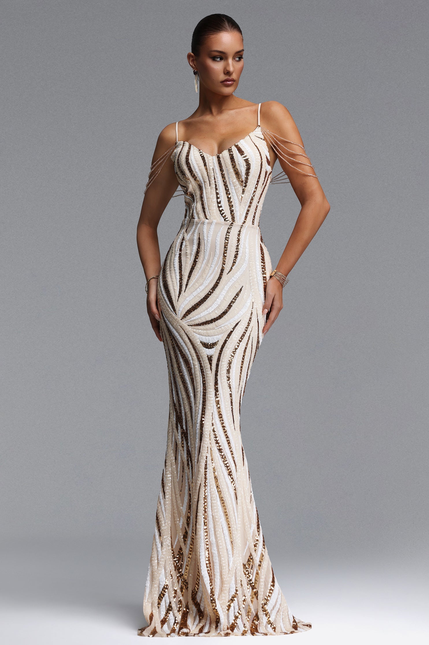 Gemma Chic Contour V Neck Sequin Stripe Maxi Dress D260501536