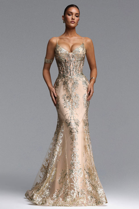 Miriam Elegant Contour V Neck Sequin Maxi Dress by Bella Barnett
