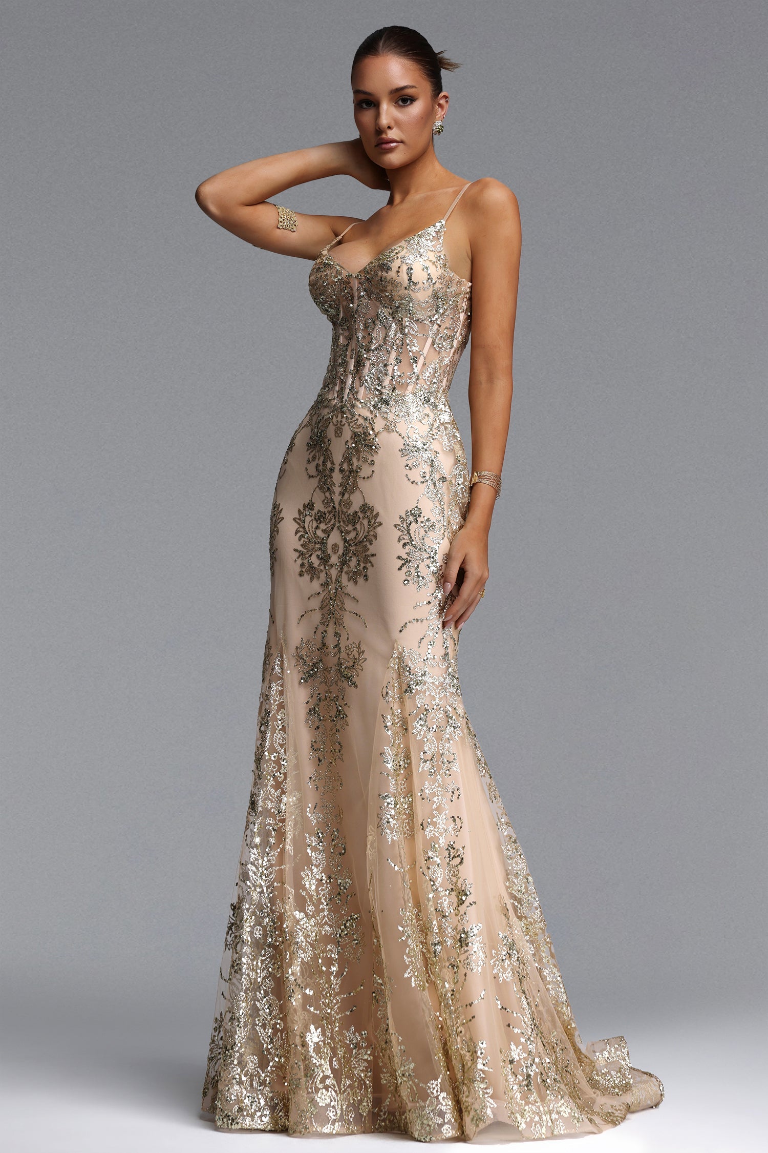 Miriam Elegant Contour V Neck Sequin Maxi Dress D260501533