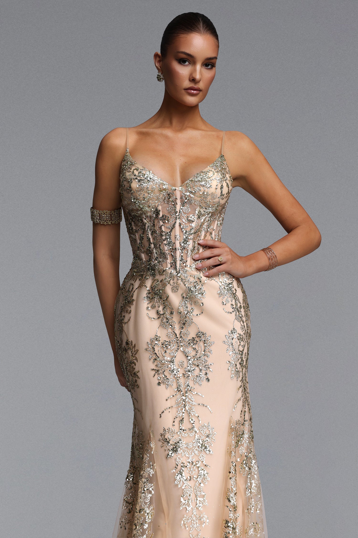 Miriam Elegant Contour V Neck Sequin Maxi Dress D260501533
