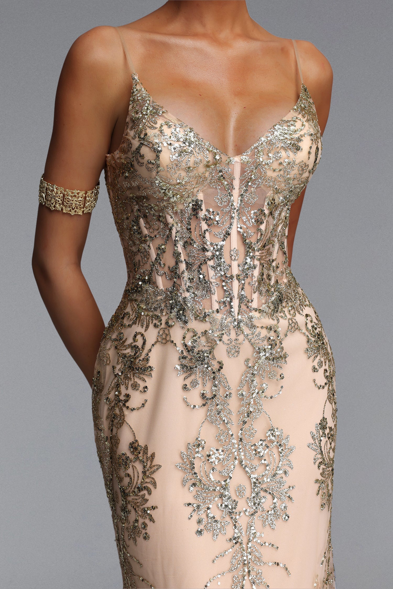 Miriam Elegant Contour V Neck Sequin Maxi Dress D260501533
