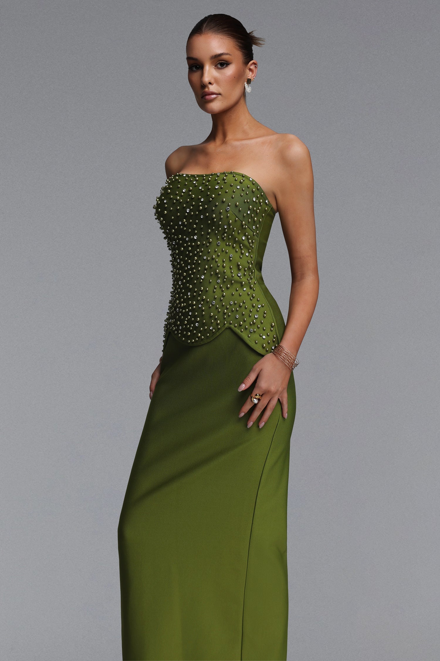 Yette Chic Contour Strapless Beaded Bandage Maxi Top And Skirt Set D260501502