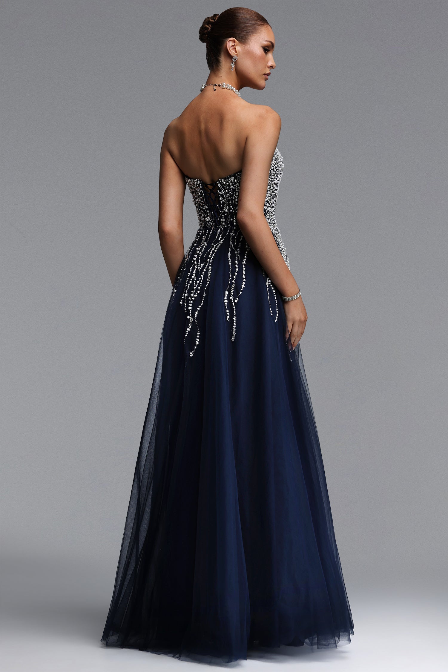 Soloma Glamorous Flowy Strapless Embellished Tulle Maxi Dress D260501525