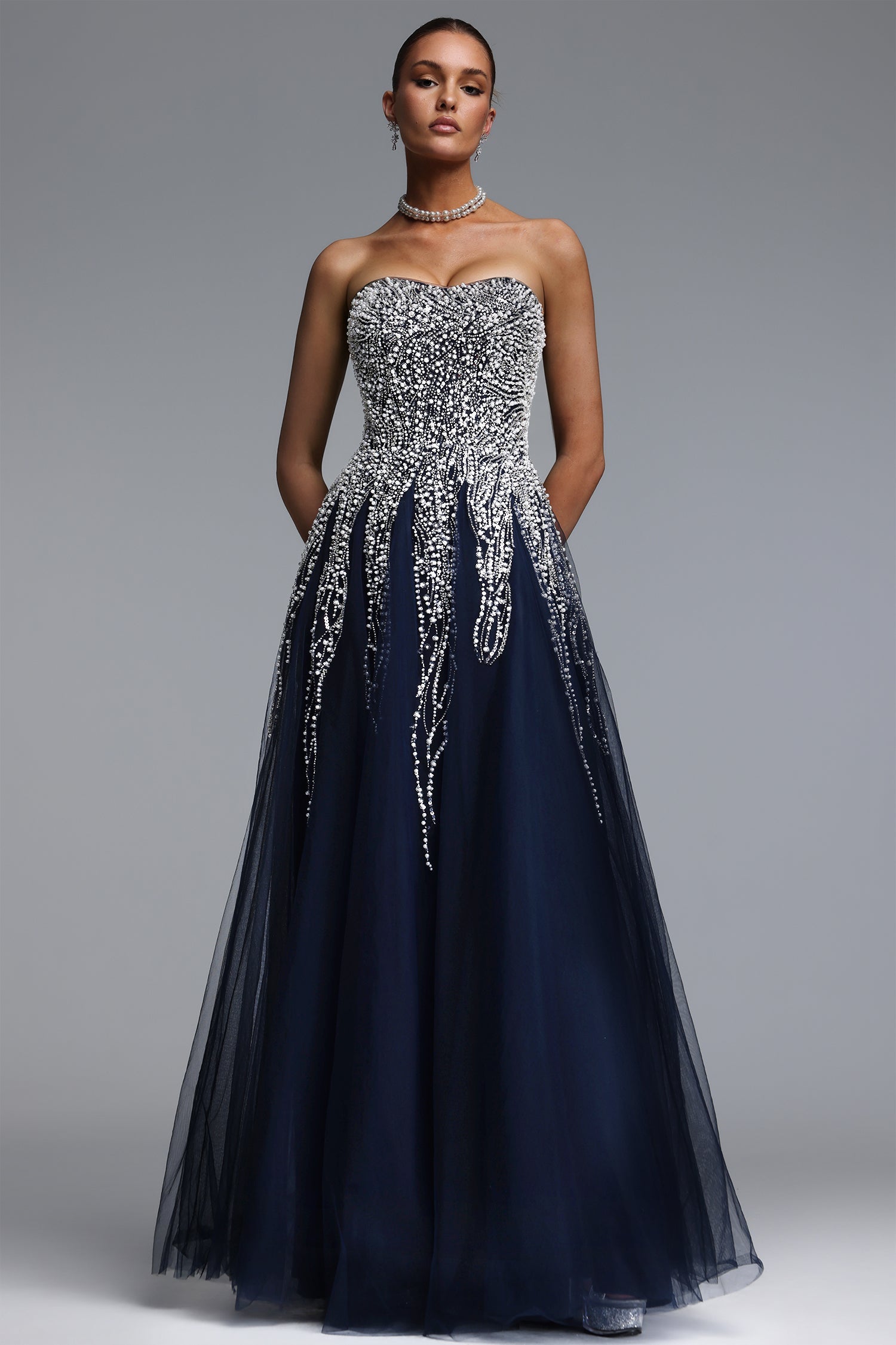 Soloma Glamorous Flowy Strapless Embellished Tulle Maxi Dress D260501525