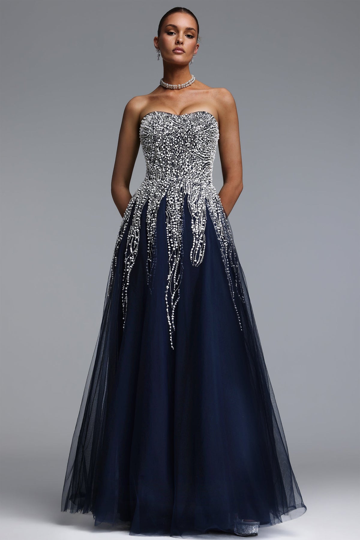 Soloma Glamorous Flowy Strapless Embellished Tulle Maxi Dress D260501525