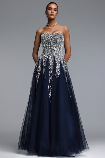 Blue - Soloma Glamorous Flowy Strapless Embellished Tulle Maxi Dress by Bella Barnett