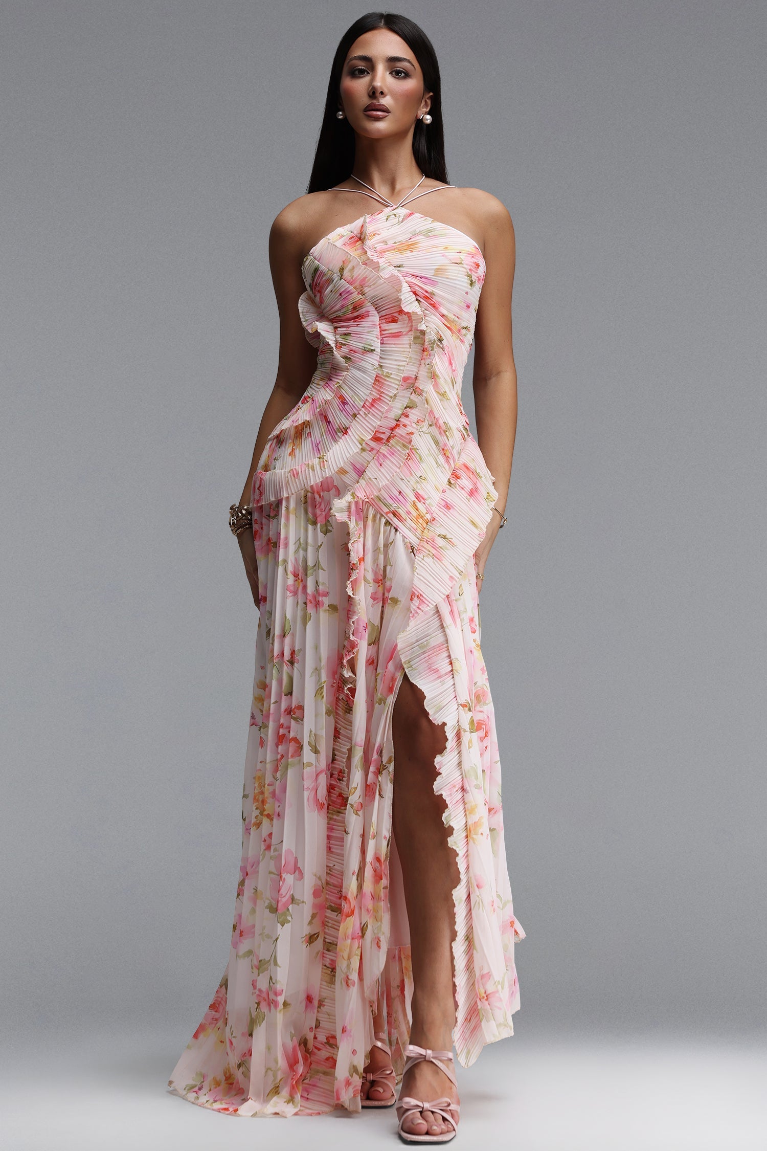 Elleri Resort Flowy Sleeveless Pleated Ruffle Floral Print Woven Maxi Dress C260500101