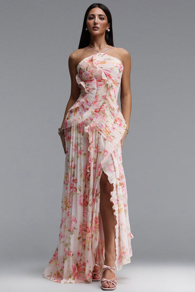 Floral Print - Elleri Resort Flowy Sleeveless Pleated Ruffle Floral Print Woven Maxi Dress by Bella Barnett