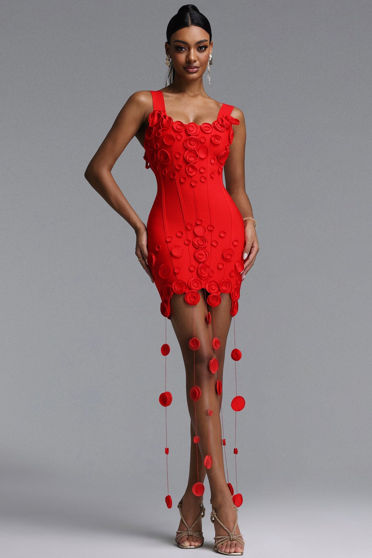 Jacova Chic Contour Wide Strap Floral Tassel Bodycon Bandage Mini Dress D260601103
