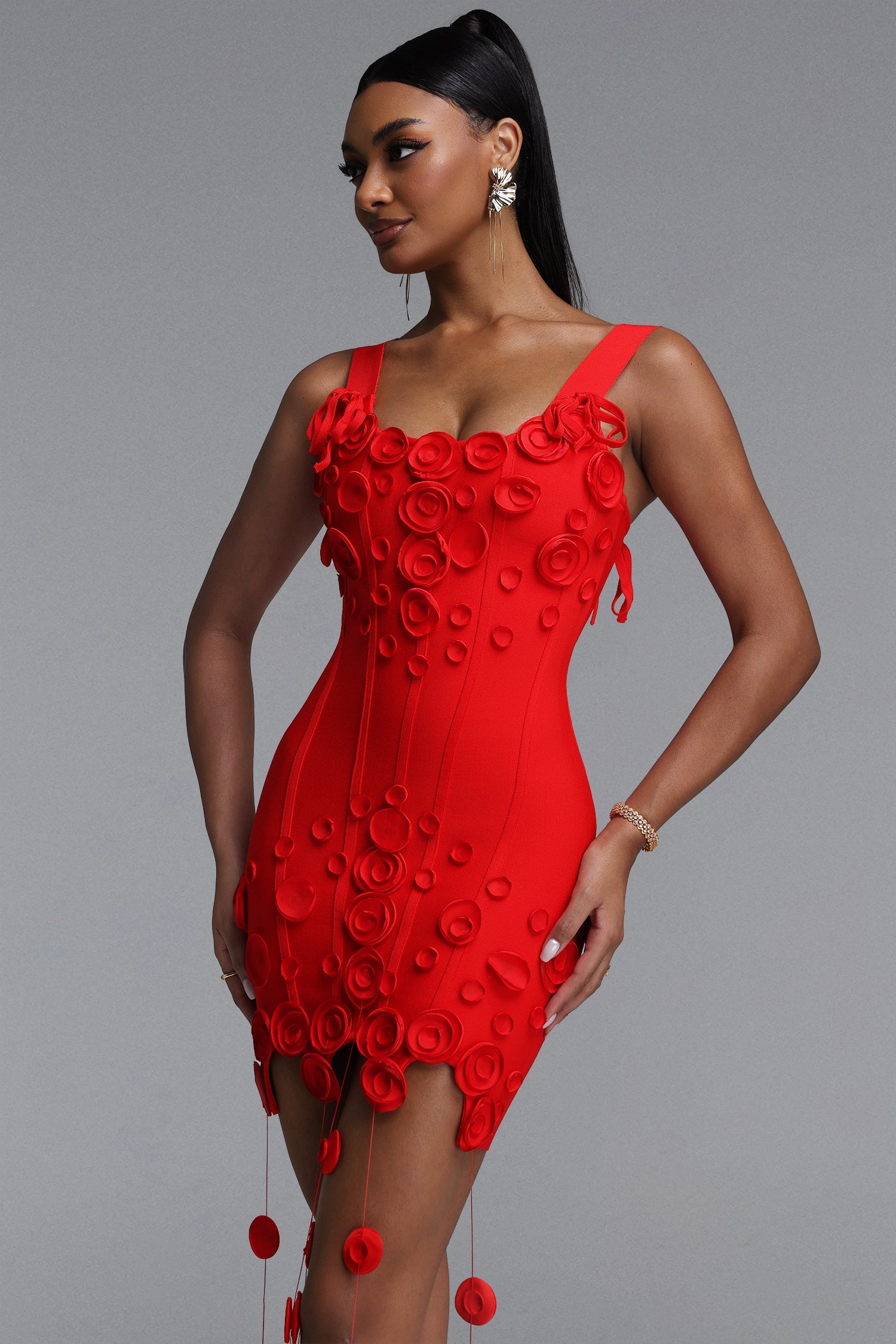Jacova Chic Contour Wide Strap Floral Tassel Bodycon Bandage Mini Dress D260601103