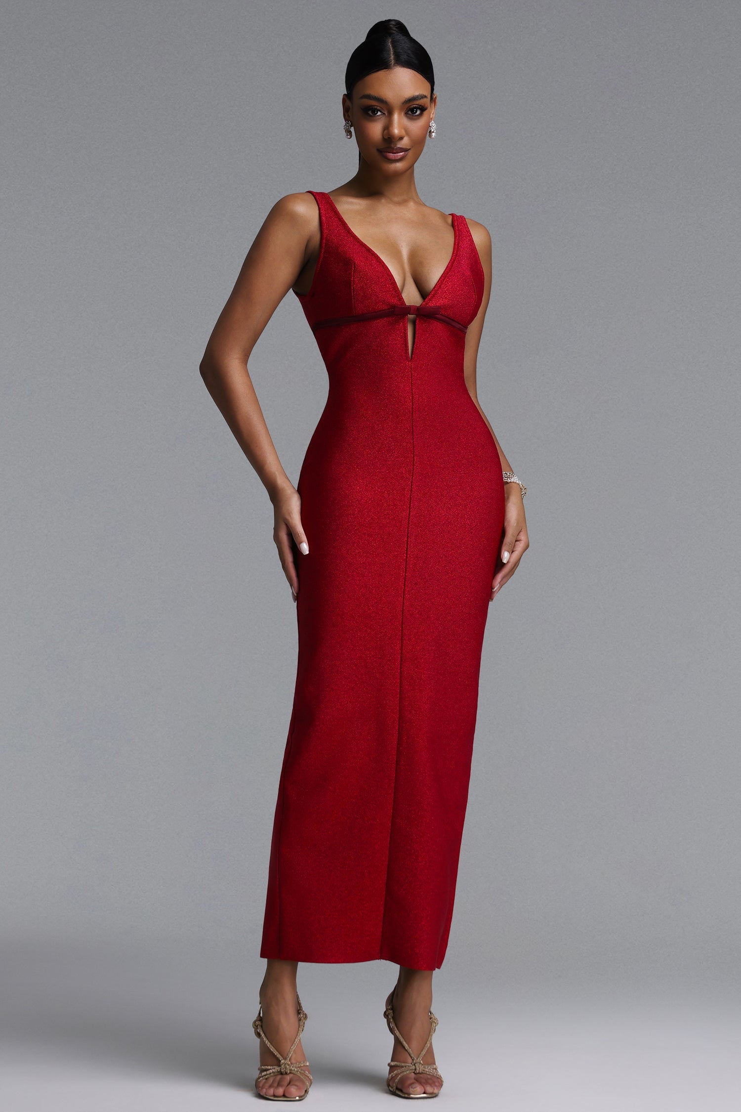 Molao Elegant Contour Sleeveless Deep V Bow Embellished Midi Bandage Dress D260601101