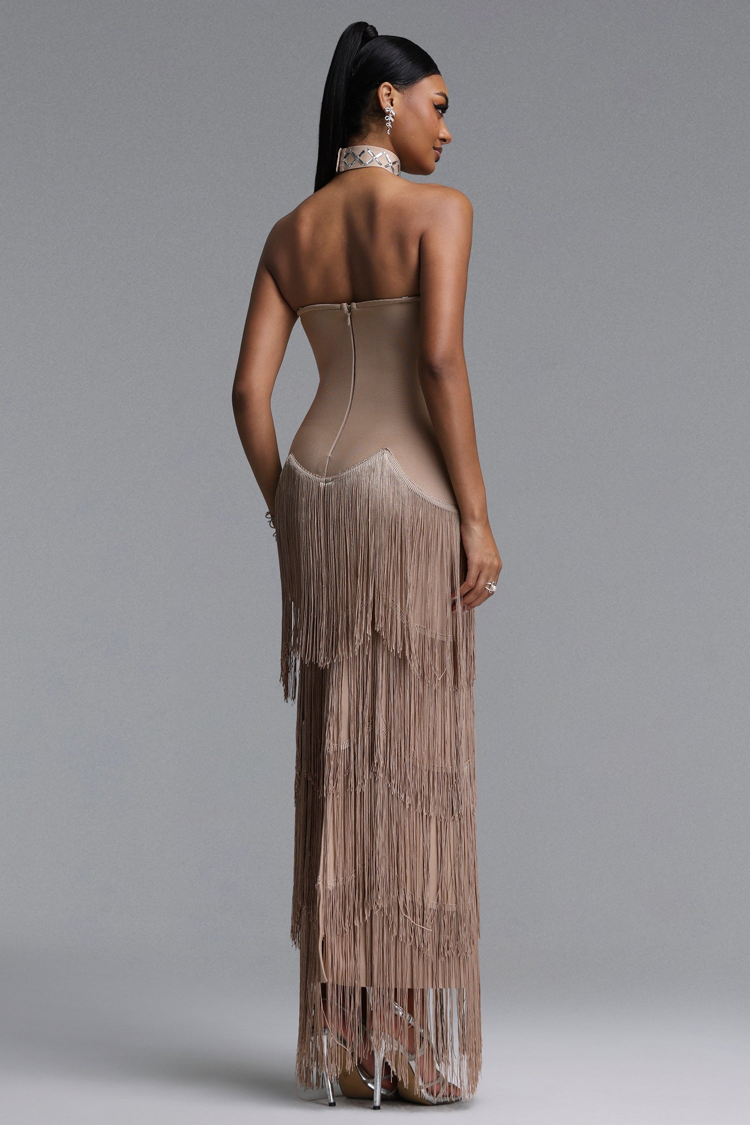 Nikki Elegant Contour Strapless Rhinestone Fringe Midi Dress D260601113