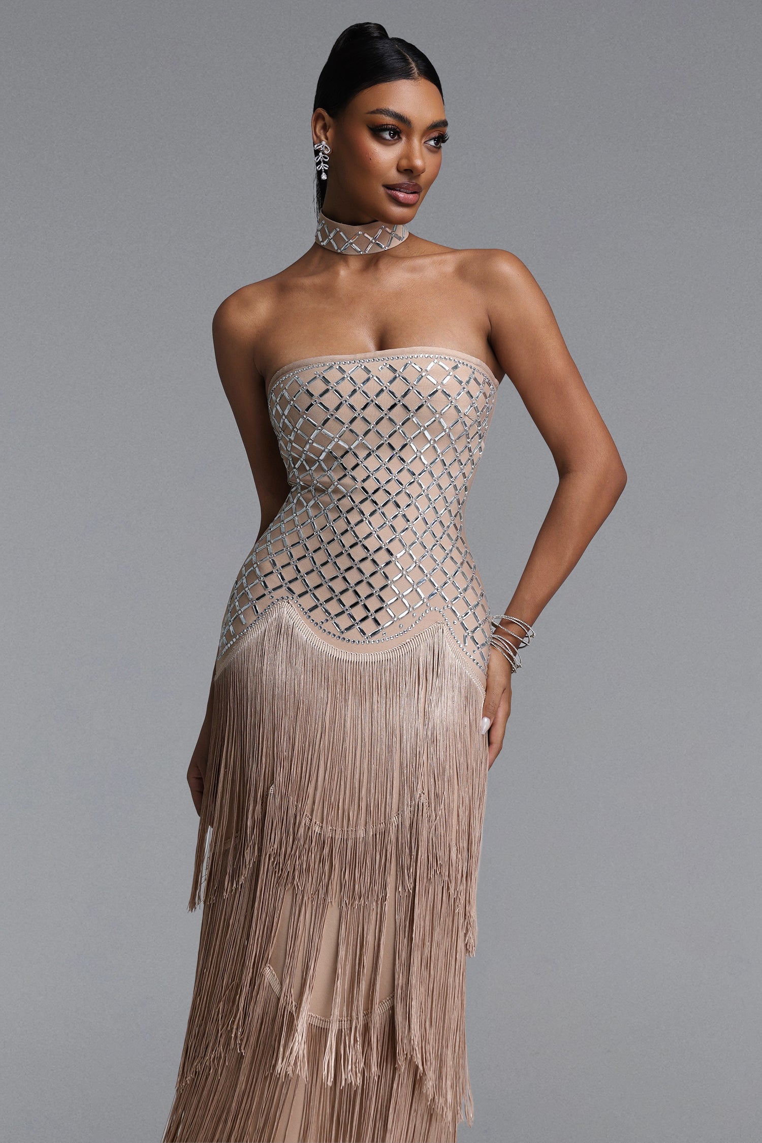 Nikki Elegant Contour Strapless Rhinestone Fringe Midi Dress D260601113