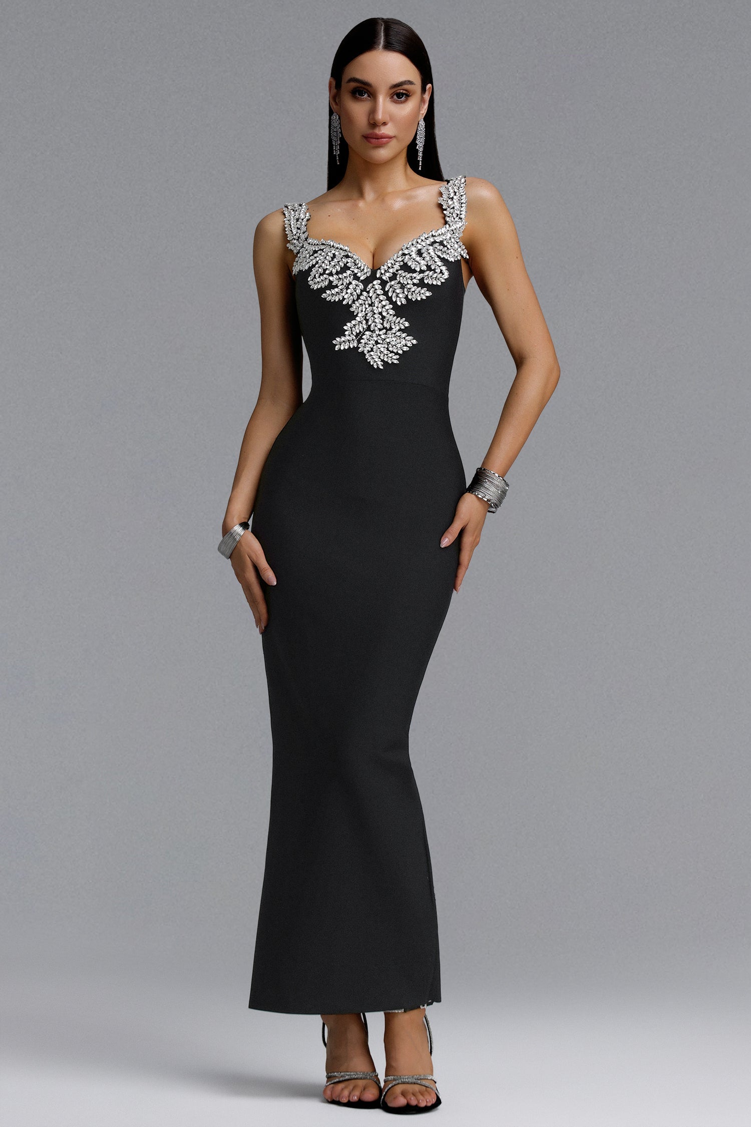 Lila Elegant Contour Spaghetti Strap V Neck Large Leaf Rhinestone Bandage Midi Dress D260601327