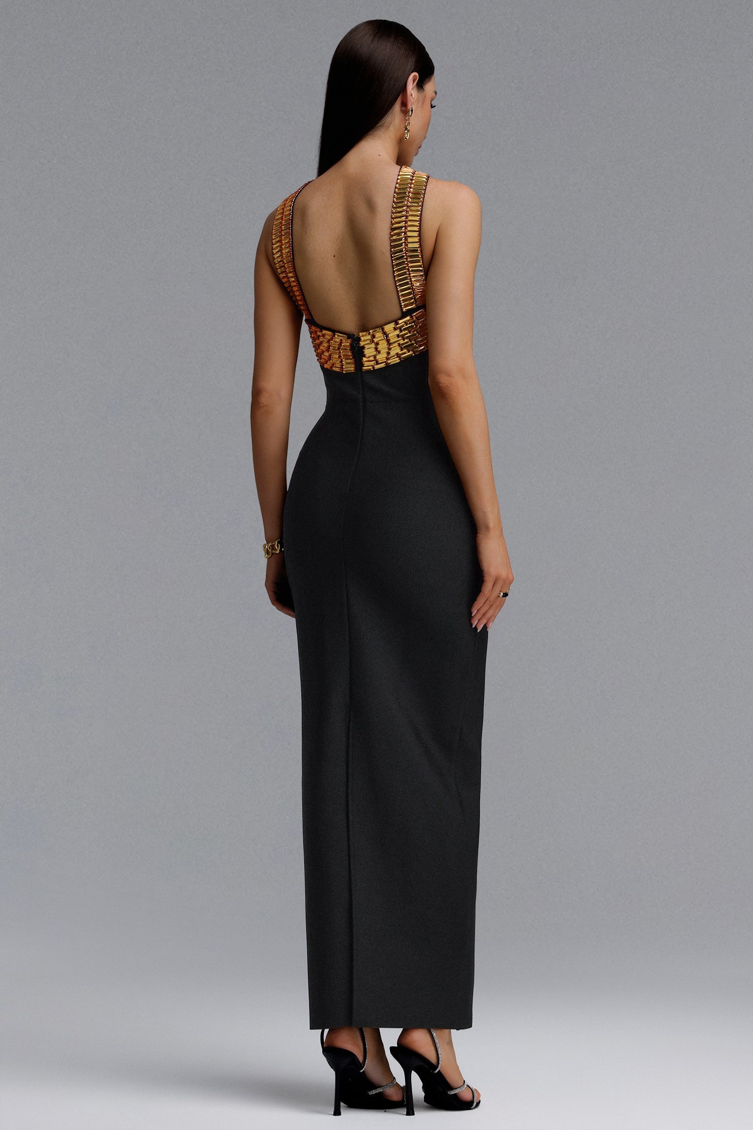 Riza Chic Contour Halter Rhinestone Bandage Gold Maxi Dress D260501108