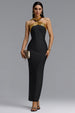 Riza Chic Contour Halter Rhinestone Bandage Gold Maxi Dress by Bella Barnett