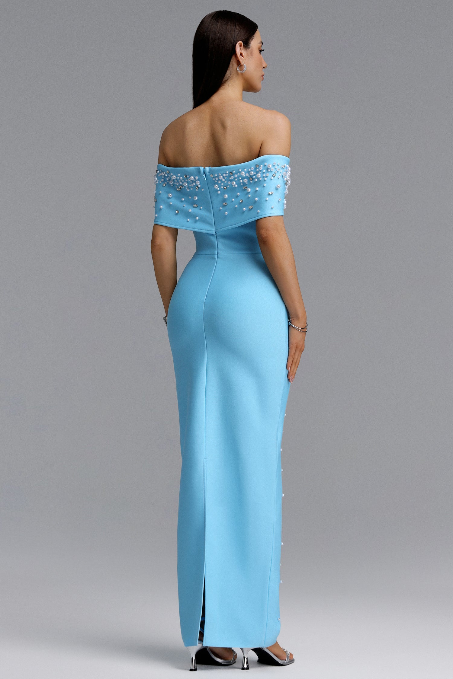 Isme Elegant Contour Off Shoulder Pearl Rhinestone Bandage Blue Maxi Dress D260301428