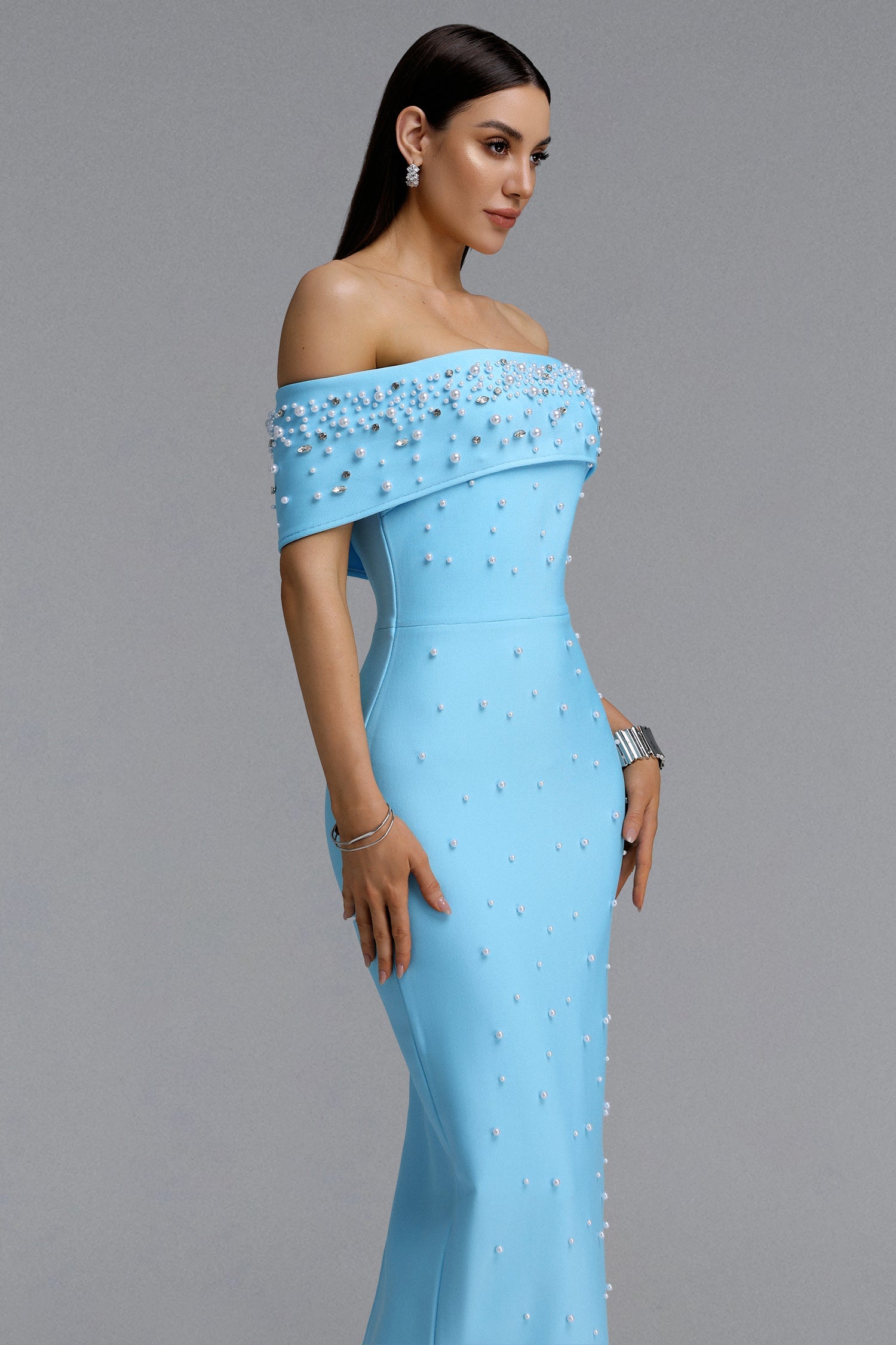 Isme Elegant Contour Off Shoulder Pearl Rhinestone Bandage Blue Maxi Dress D260301428