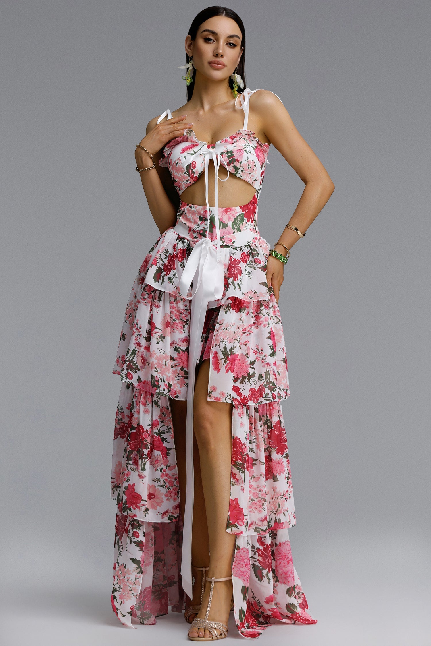 Pale Chic Flowy Halter Cut Out Floral Print Ruffle Pink Maxi Dress D260301228
