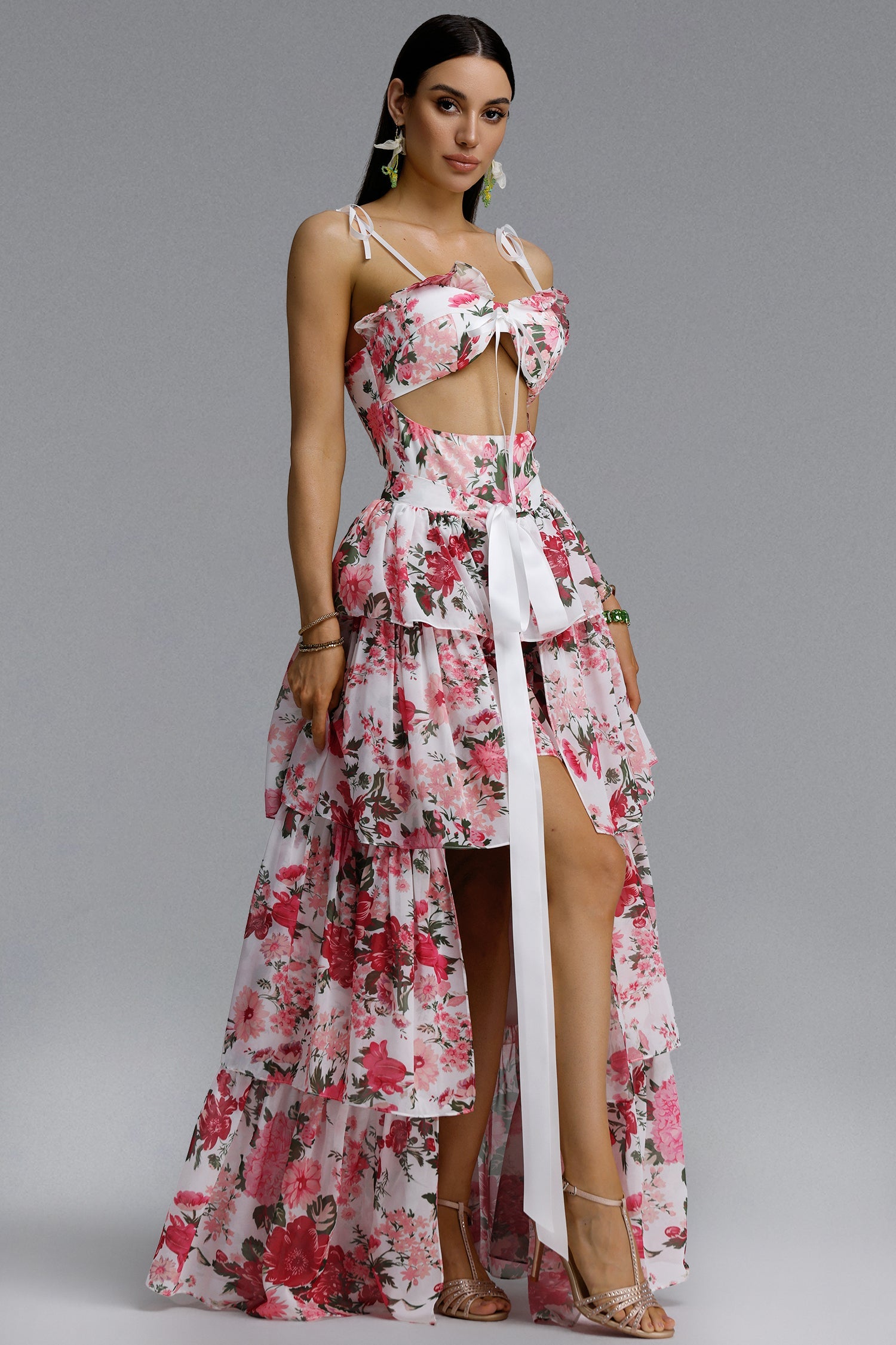 Pale Chic Flowy Halter Cut Out Floral Print Ruffle Pink Maxi Dress D260301228