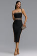 Lestie Minimalist Contour Straight Neck Gold Woven Bandage Midi Dress by Bella Barnett