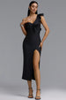 Winnie Minimal Contour One Shoulder Ruffle High Slit Bandage Midi Dress by Bella Barnett