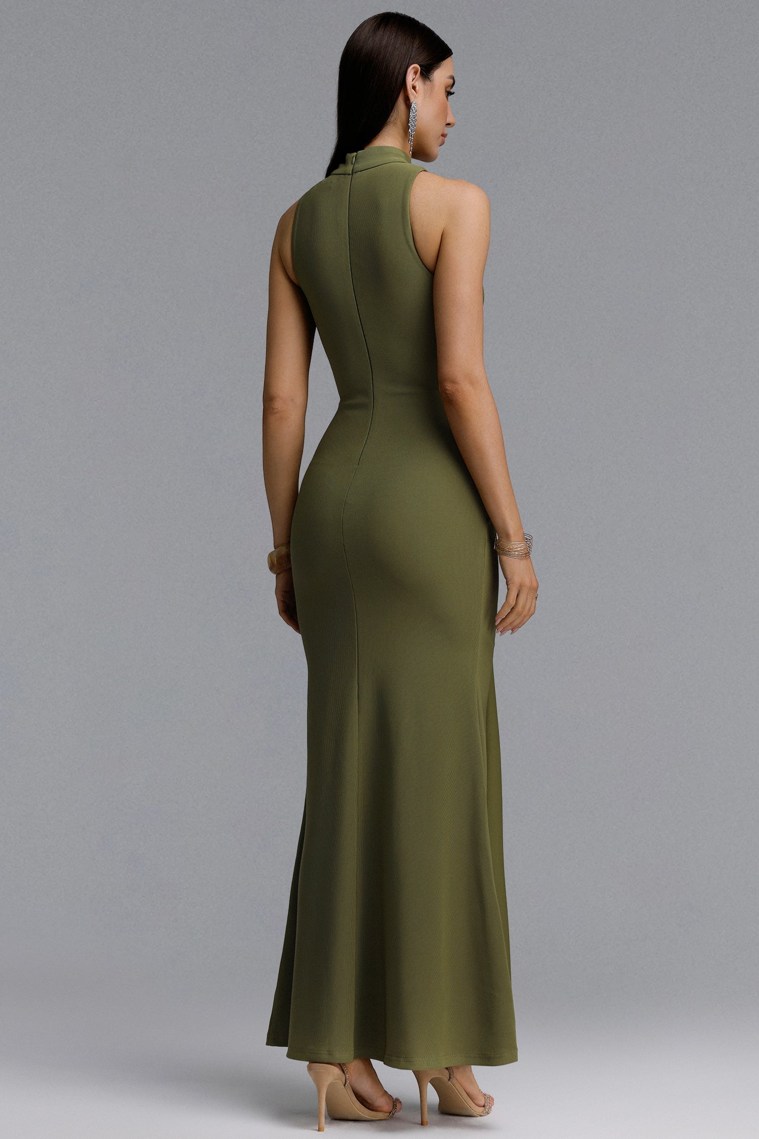 Sukia Chic Form-Fitting High Neck Cutout Draped Tie Sleeveless Mermaid Maxi Dress D260406101