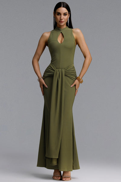 Green - Sukia Chic Form-Fitting High Neck Cutout Draped Tie Sleeveless Mermaid Maxi Dress by Bella Barnett