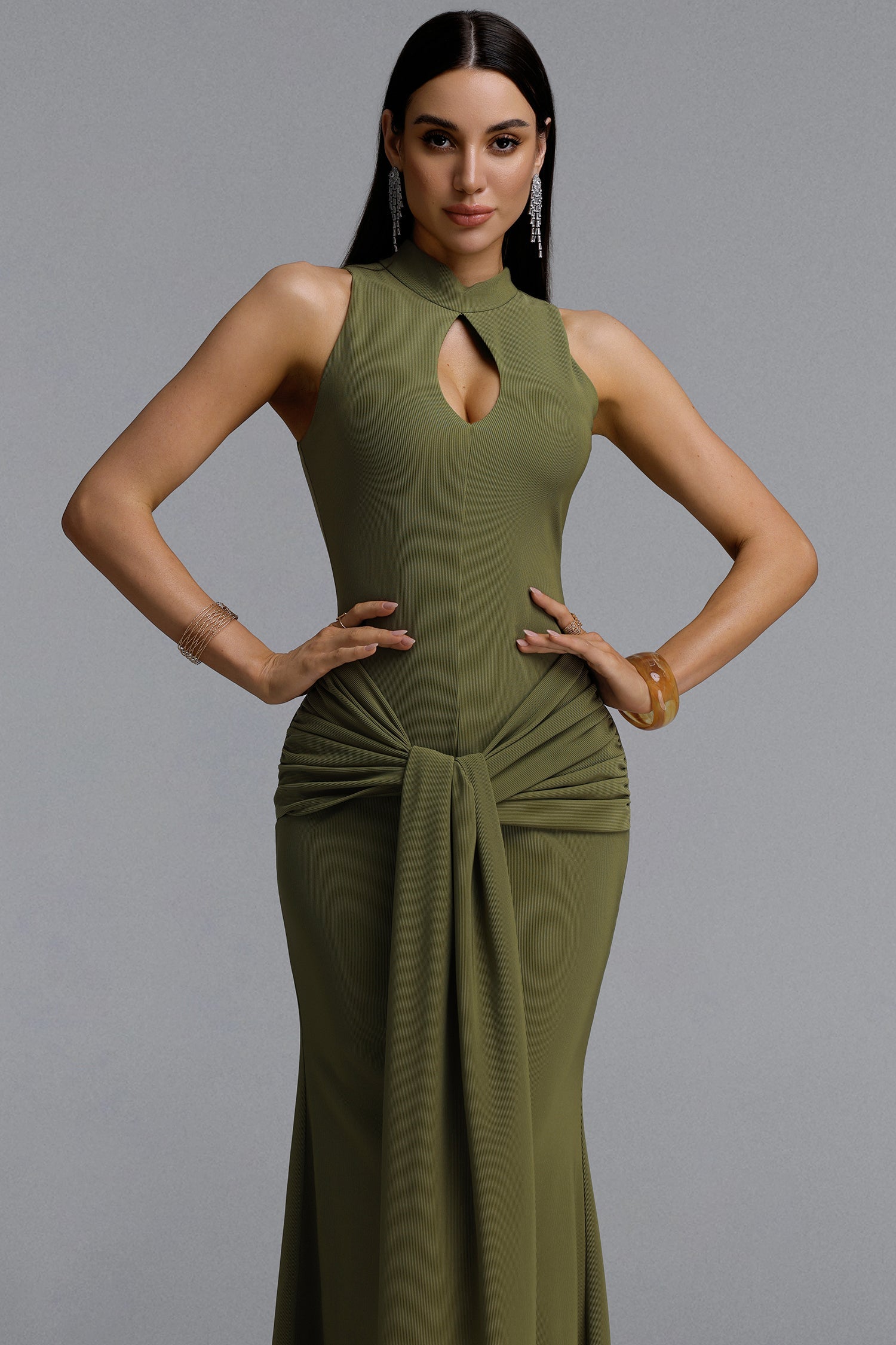 Sukia Chic Form-Fitting High Neck Cutout Draped Tie Sleeveless Mermaid Maxi Dress D260406101