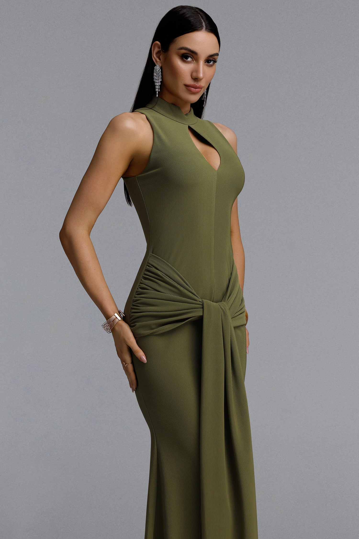 Sukia Chic Form-Fitting High Neck Cutout Draped Tie Sleeveless Mermaid Maxi Dress D260406101