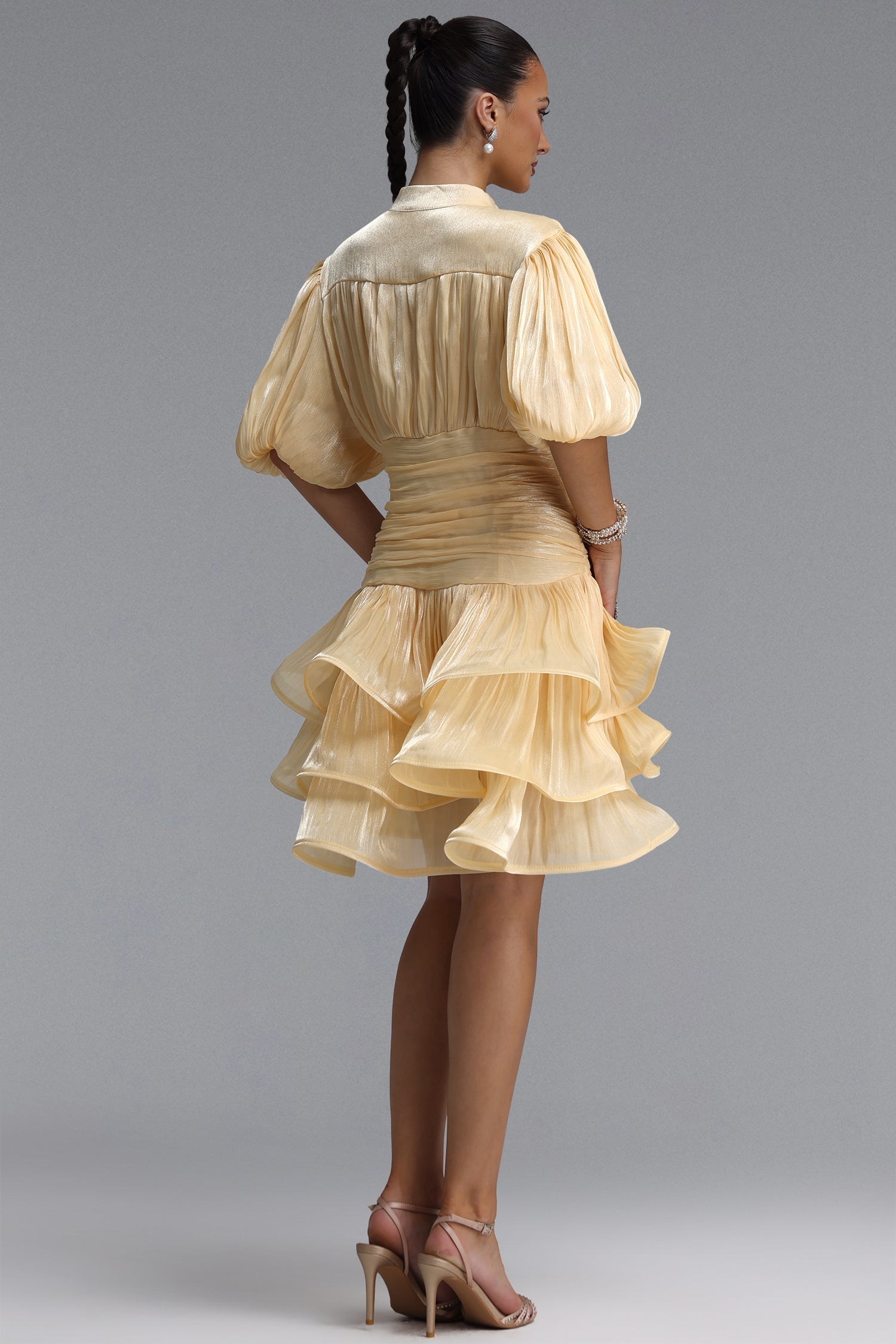 Fagra Resort Flowy Puff Sleeve Ruffle Shimmer Satin Mini Dress C260600103