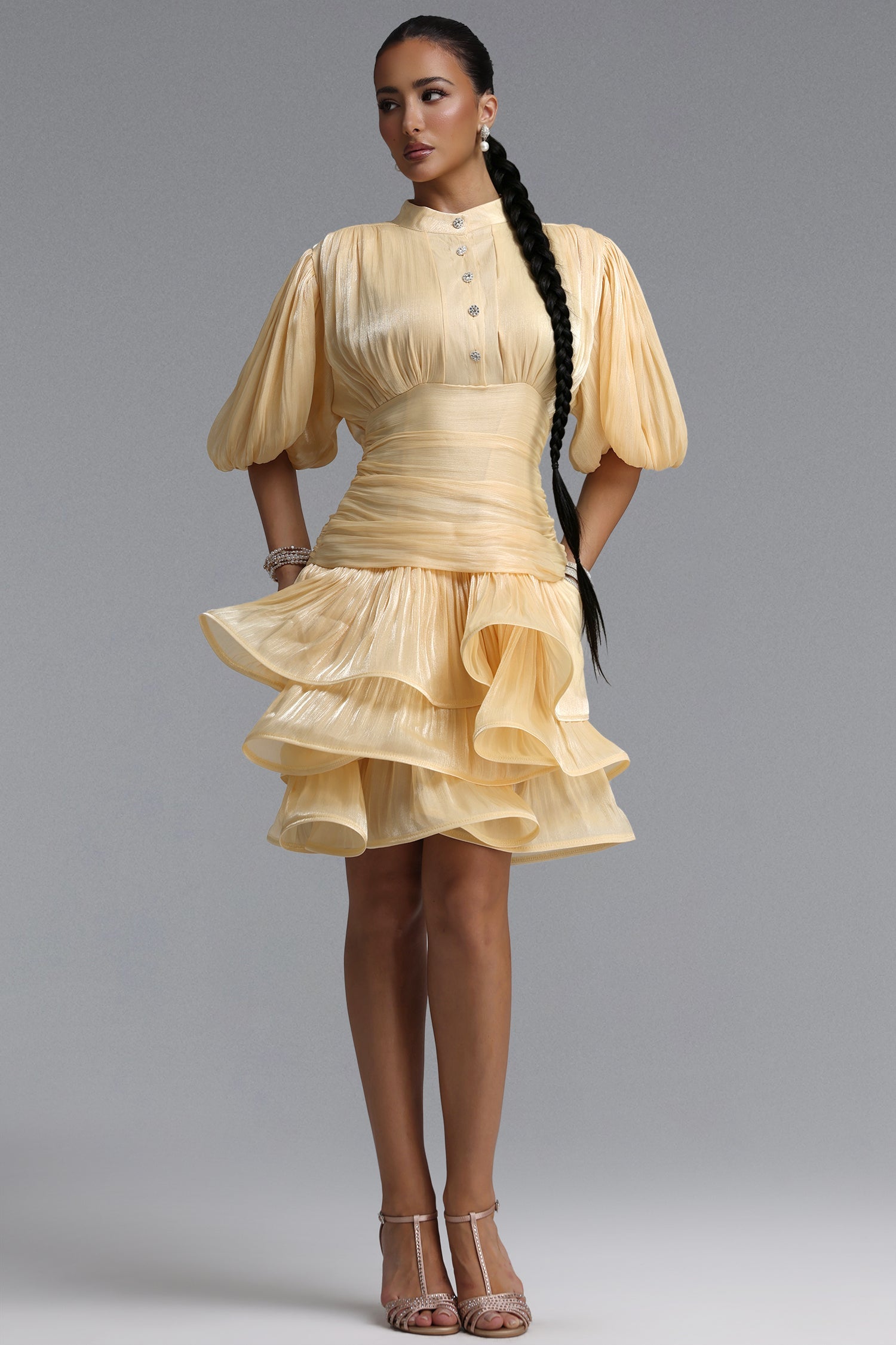 Fagra Resort Flowy Puff Sleeve Ruffle Shimmer Satin Mini Dress C260600103