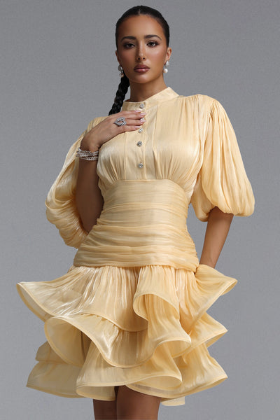 Yellow - Fagra Resort Flowy Puff Sleeve Ruffle Shimmer Satin Mini Dress by Bella Barnett