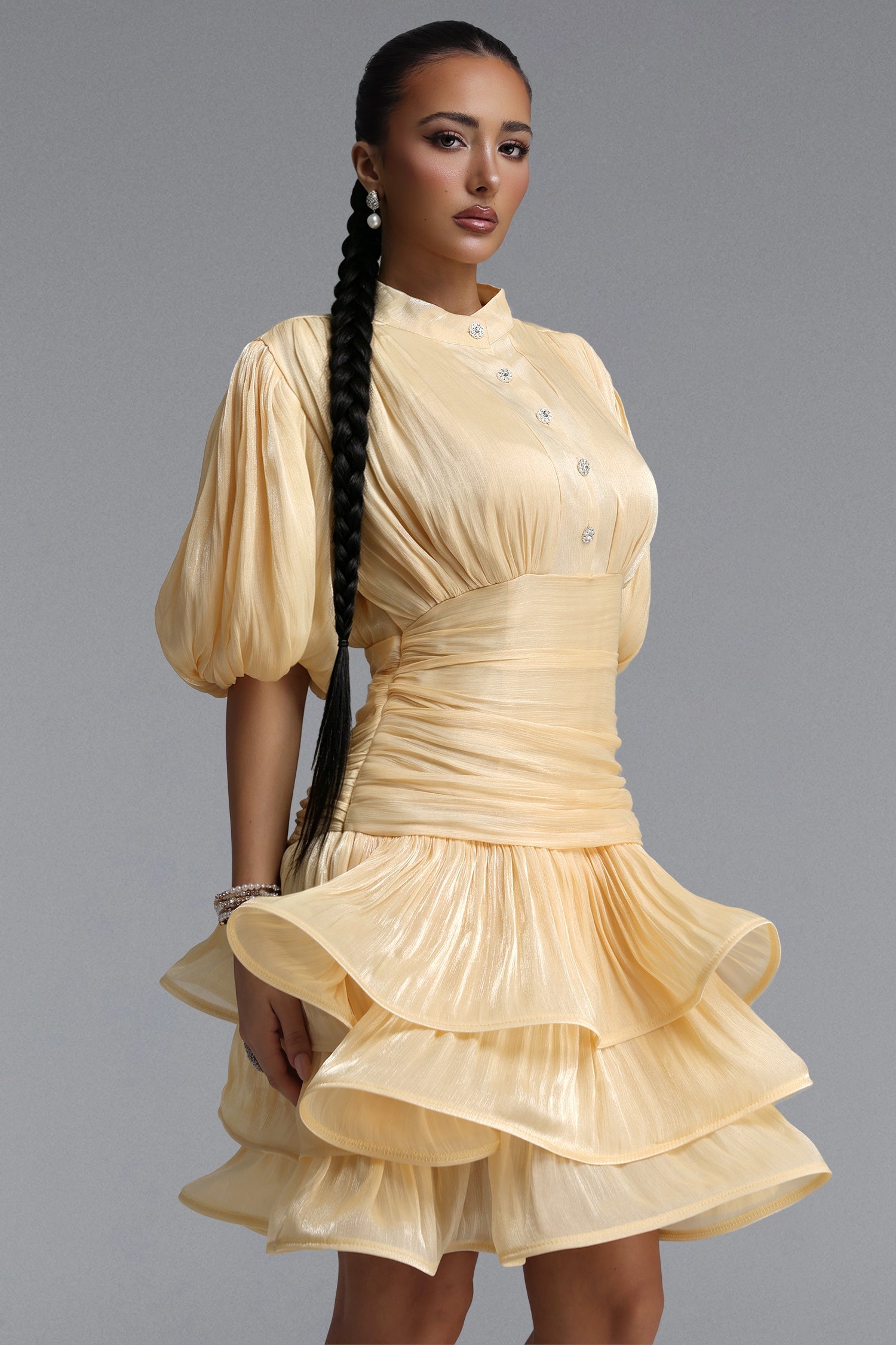 Fagra Resort Flowy Puff Sleeve Ruffle Shimmer Satin Mini Dress C260600103