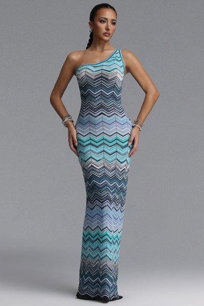 Blue - Raisin Resort Contour Chevron Print Knit Maxi Dress by Bella Barnett